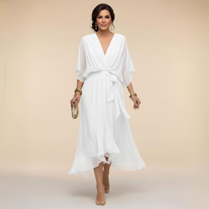 Women's Wrap Midi Dress with V Neck and Tie Waist