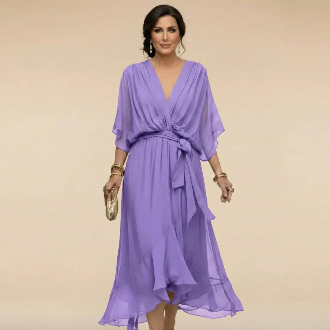 Women's Wrap Midi Dress with V Neck and Tie Waist