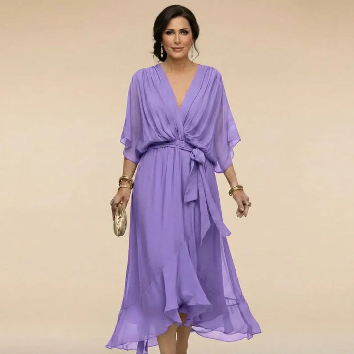 Women's Wrap Midi Dress with V Neck and Tie Waist