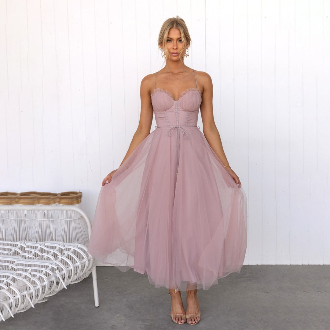 Women's Wedding Guest Midi Dress with Sweetheart Neckline and Tulle Skirt