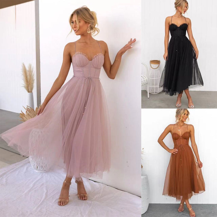 Women's Wedding Guest Midi Dress with Corset Bustier and Tulle Skirt