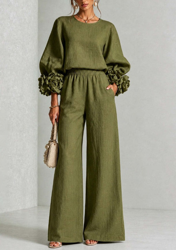 Women's Co-Ord Set with Balloon Sleeve Top and Wide Leg Trousers