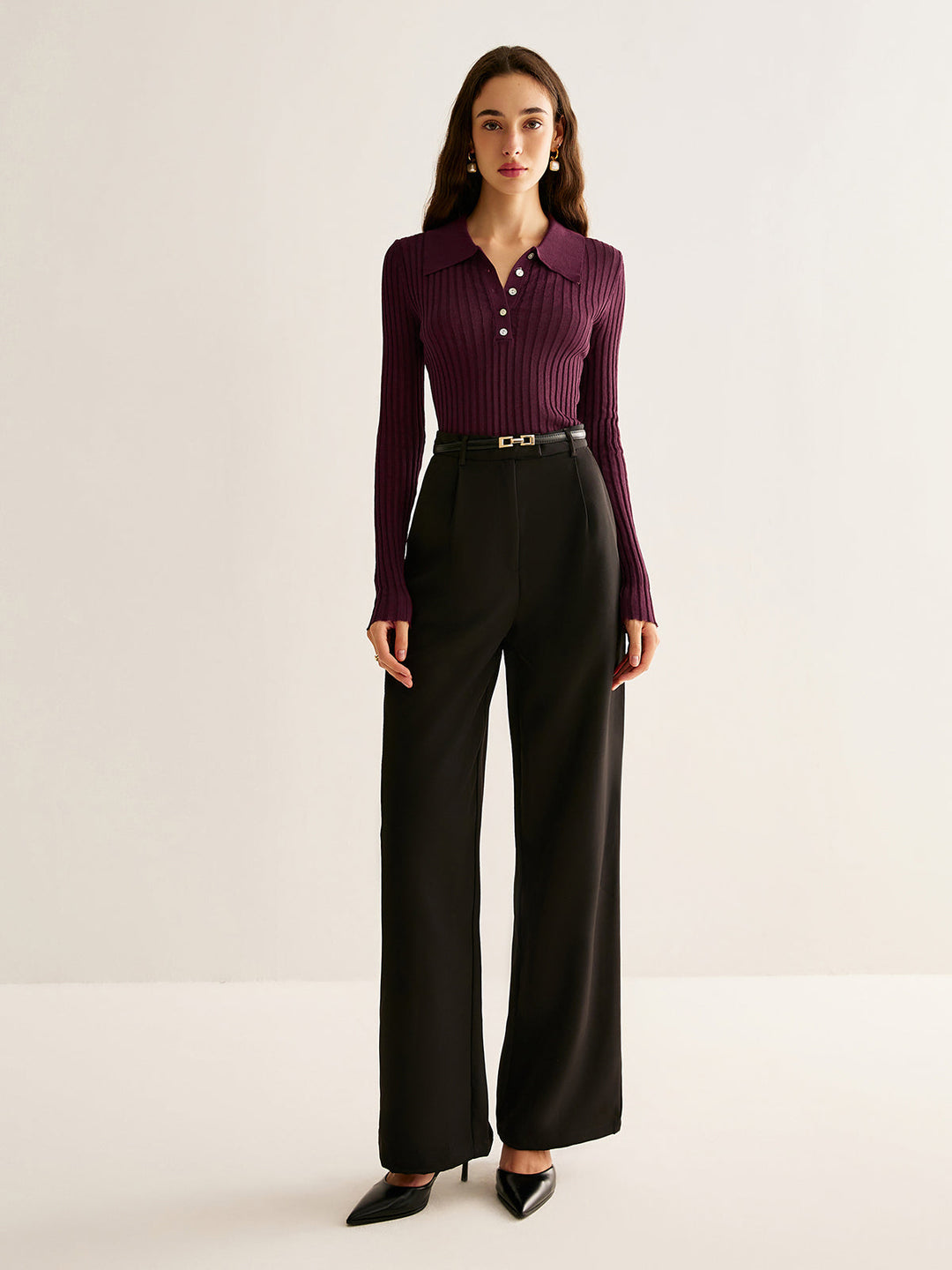Women's Ribbed Top with High Neck and Button Detail