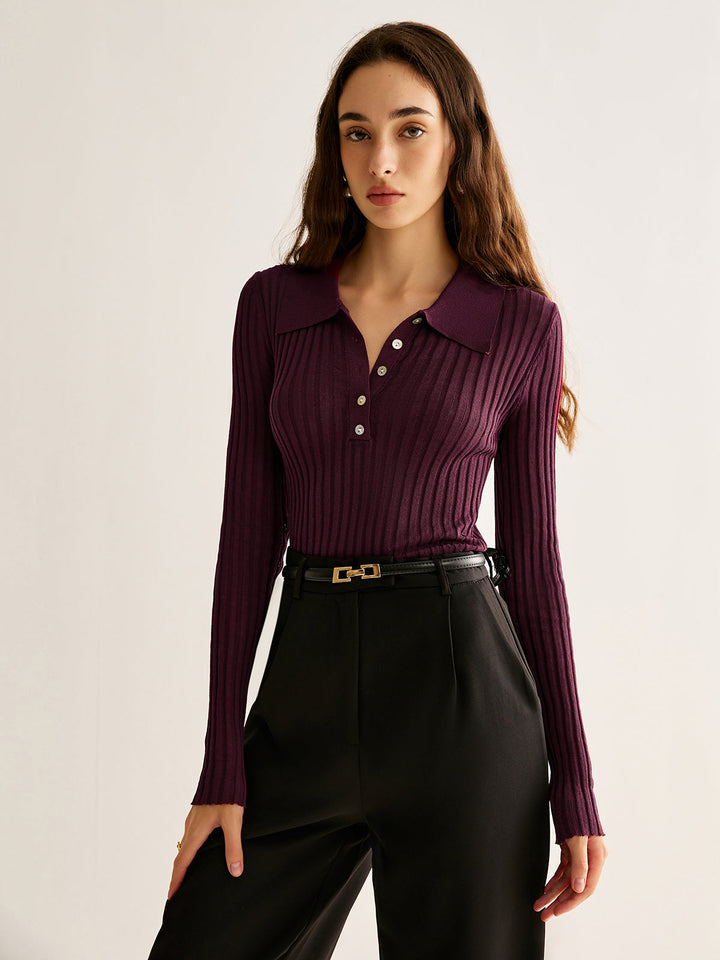 Women's Ribbed Top with High Neck and Button Detail