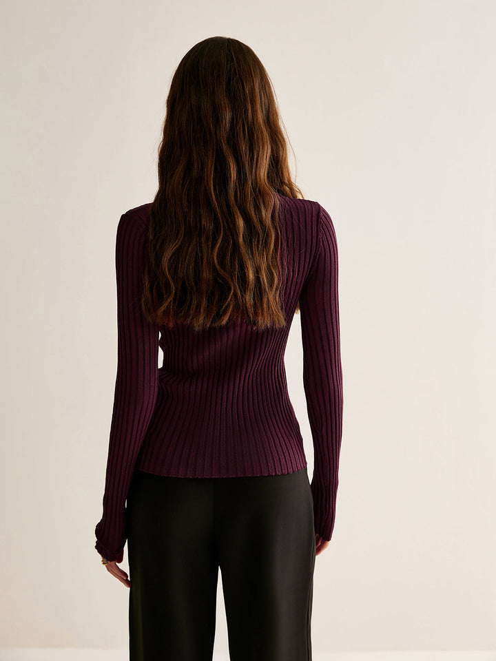 Women's Ribbed Top with High Neck and Button Detail