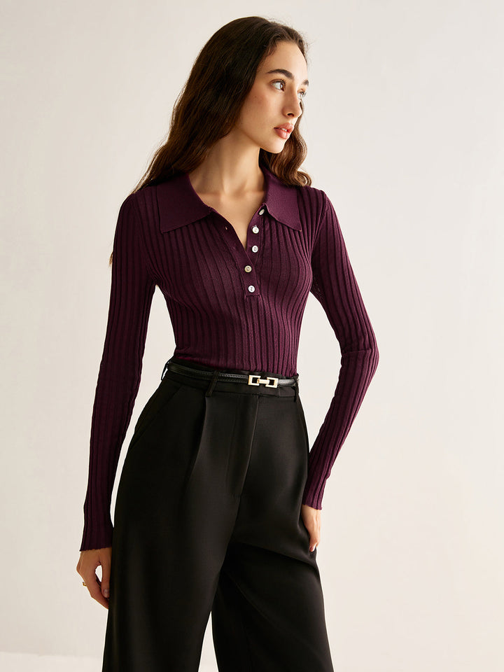 Women's Ribbed Top with High Neck and Button Detail