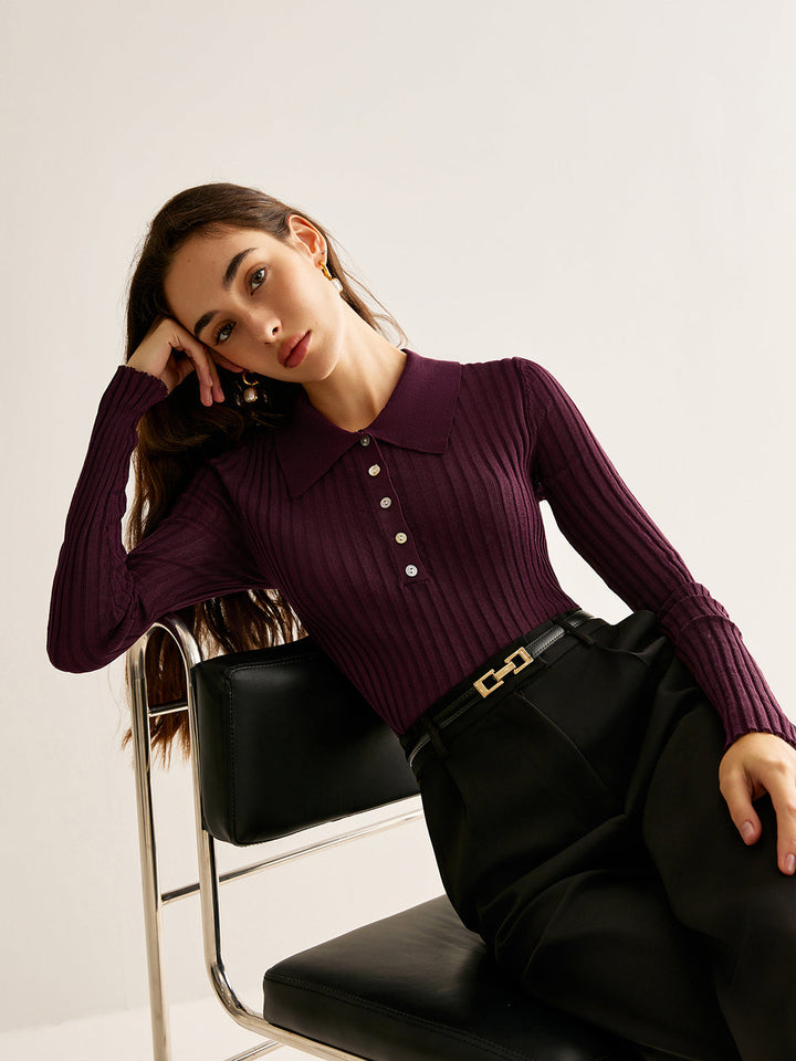 Women's Ribbed Top with High Neck and Button Detail
