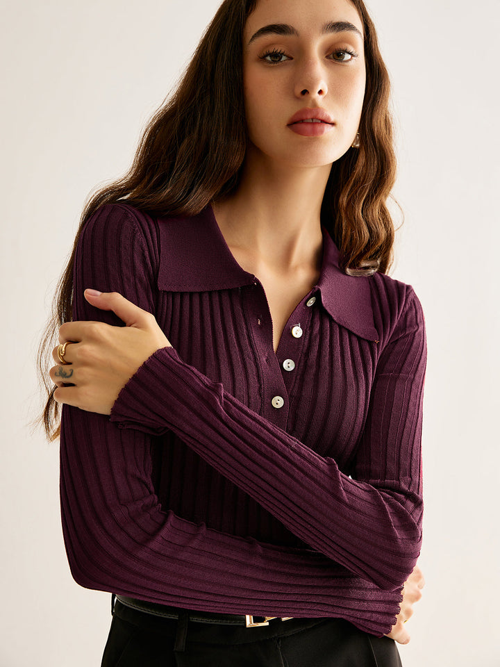 Women's Ribbed Top with High Neck and Button Detail