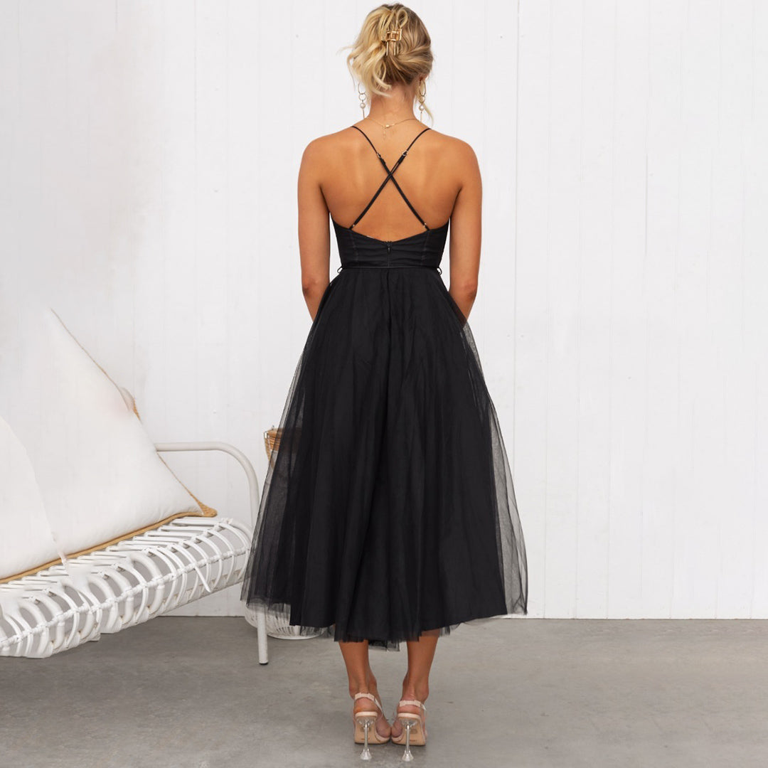 Women's Wedding Guest Midi Dress with Corset Bustier and Tulle Skirt