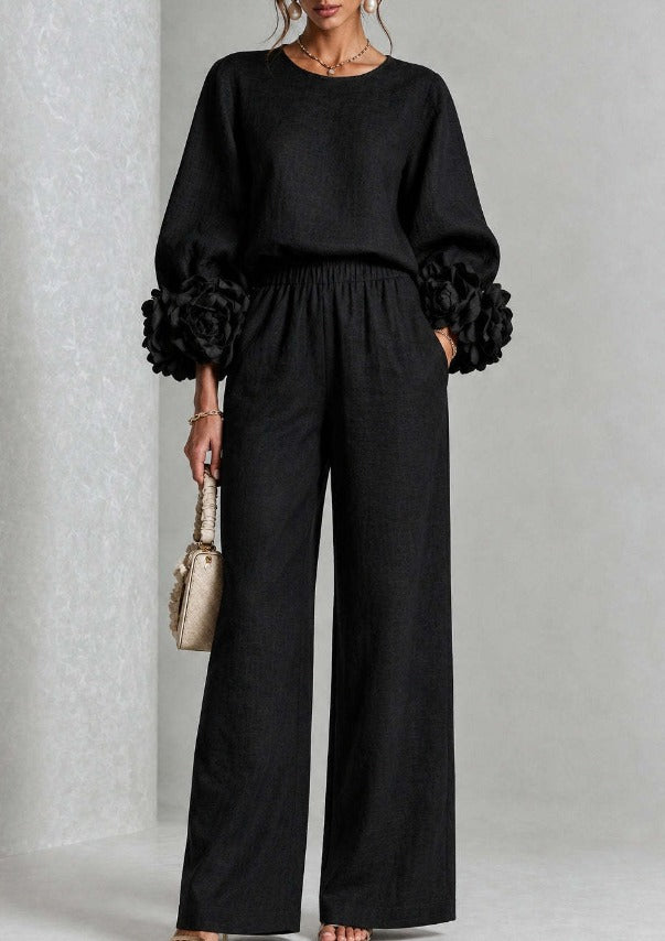 Women's Co-Ord Set with Balloon Sleeve Top and Wide Leg Trousers