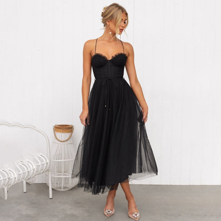 Women's Wedding Guest Midi Dress with Corset Bustier and Tulle Skirt