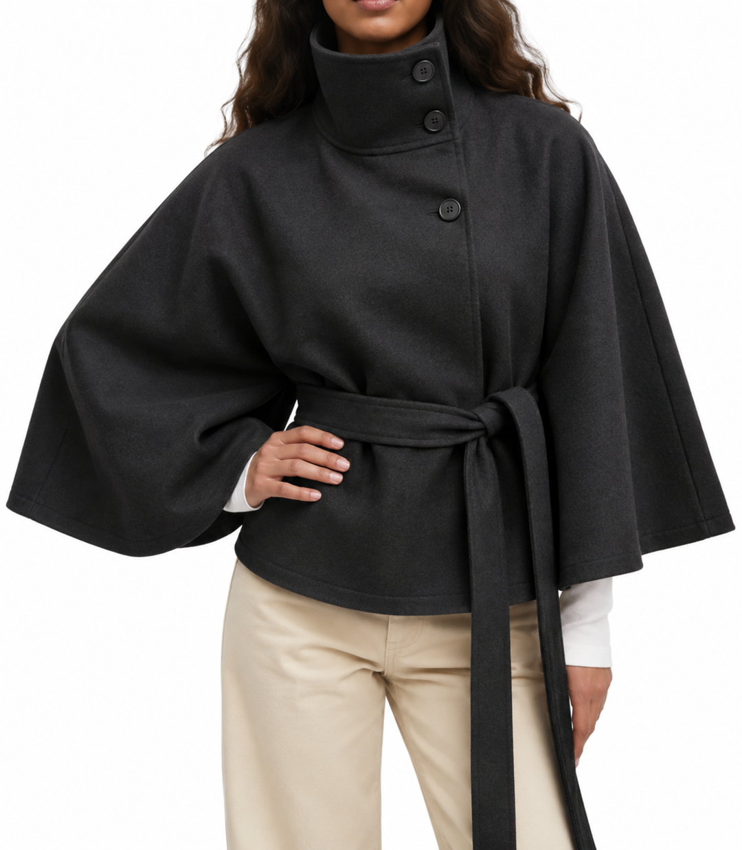 Women's Belted Jacket with High Neck and Wide Sleeves