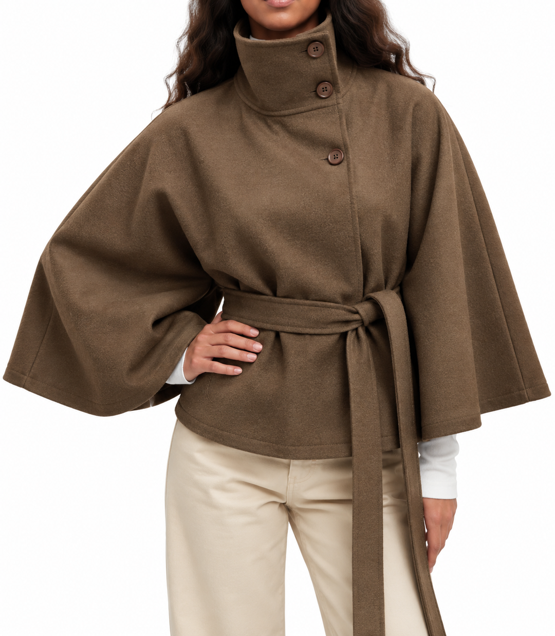 Women's Belted Jacket with High Neck and Wide Sleeves