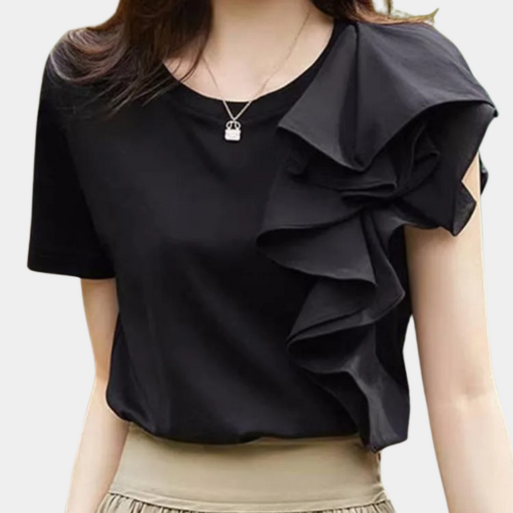 Women's Blouse with Ruffle Detail and Short Sleeves