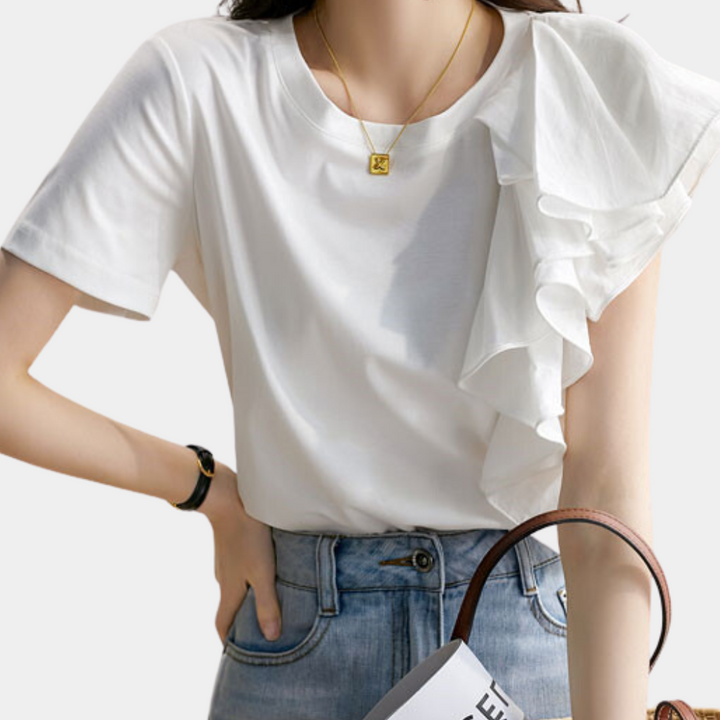 Women's Blouse with Ruffle Detail and Short Sleeves