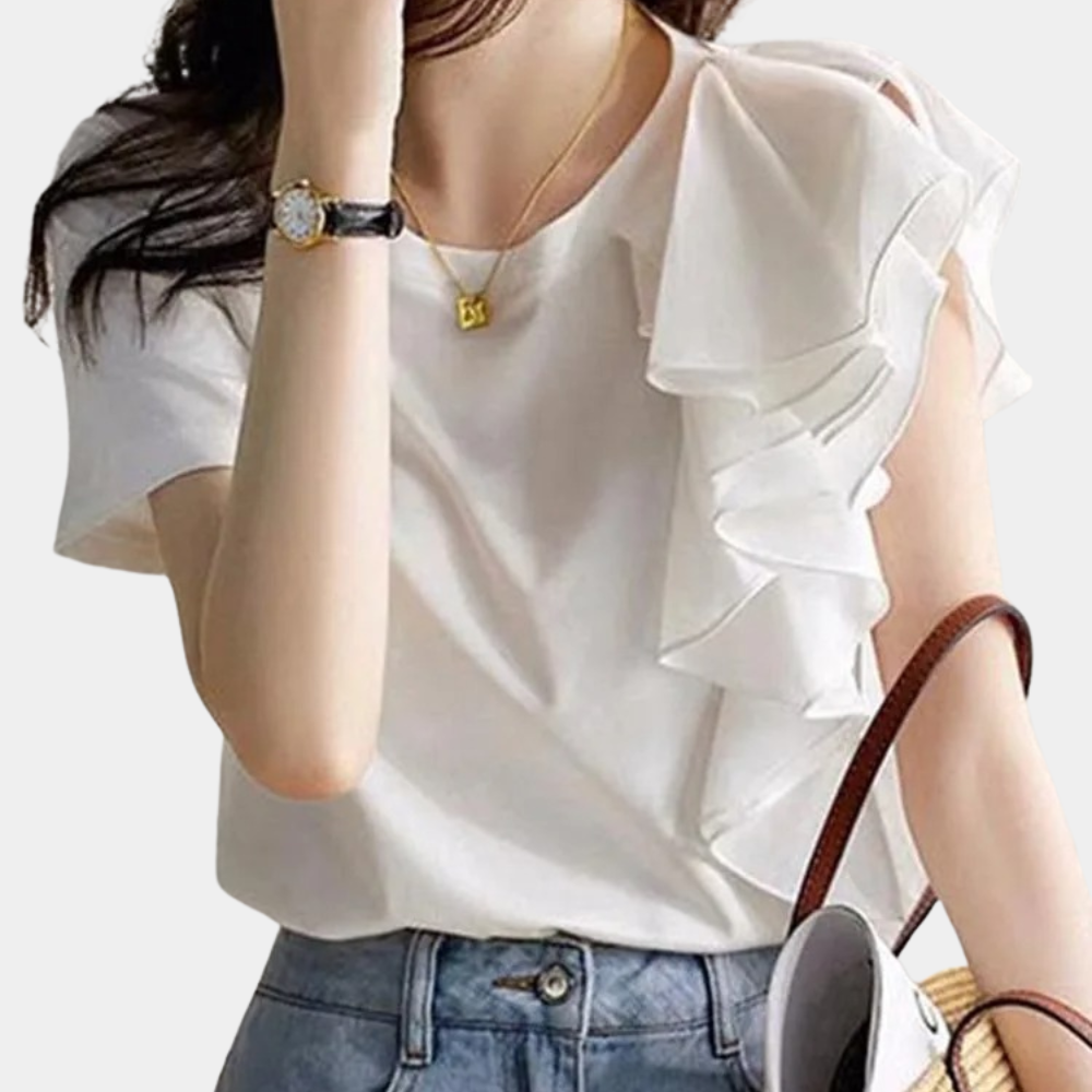 Women's Blouse with Ruffle Detail and Short Sleeves