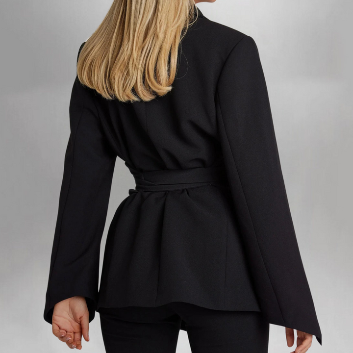 Women's Belted Blazer with Notch Lapels and Flared Hem