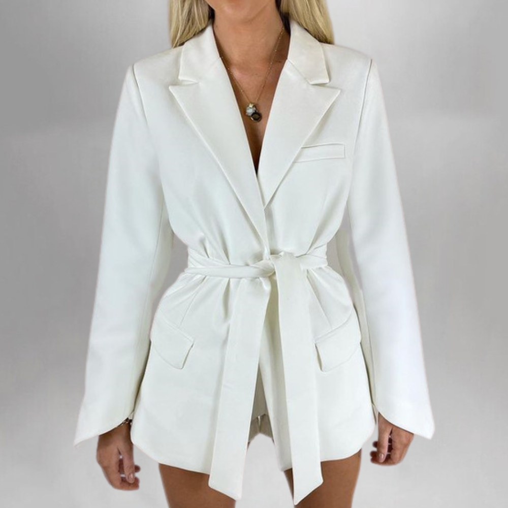 Women's Belted Blazer with Notch Lapels and Flared Hem