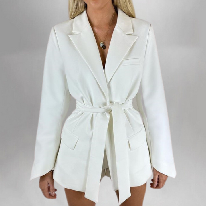 Women's Belted Blazer with Notch Lapels and Flared Hem