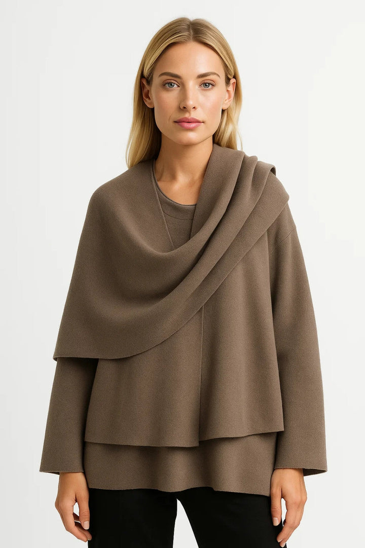 Women's Layered Knit Jumper with Draped Cowl Neck and Long Sleeves