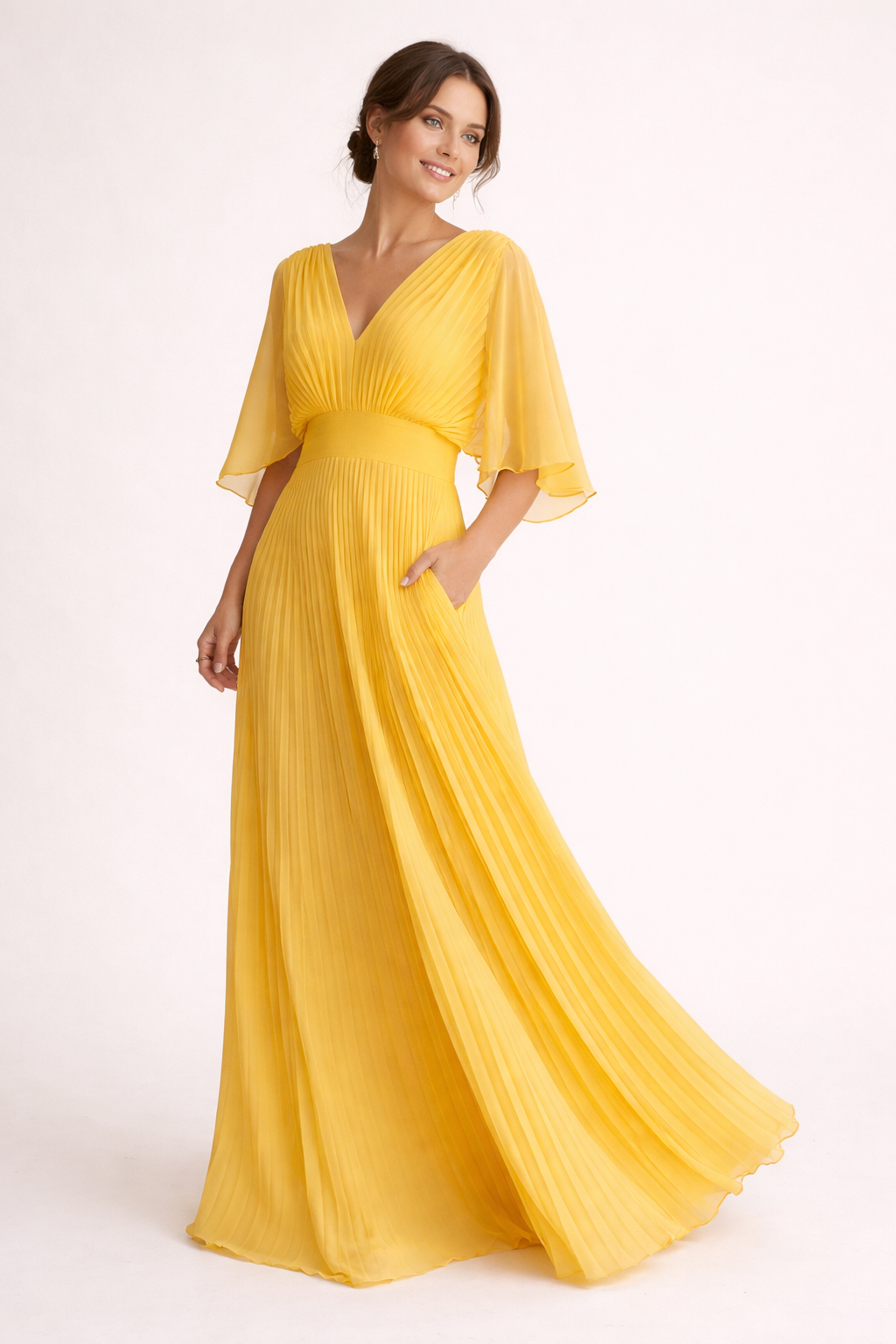 Women's Wedding Guest Pleated Maxi Dress with V Neck and Flared Sleeves