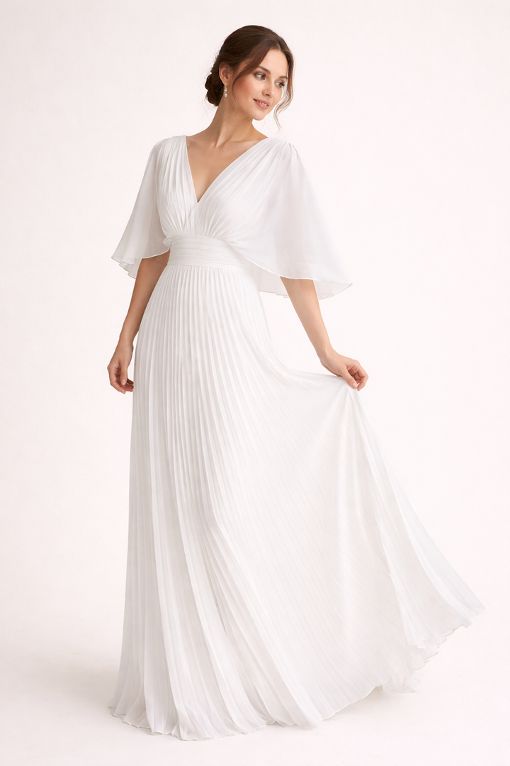 Women's Wedding Guest Pleated Maxi Dress with V Neck and Flared Sleeves