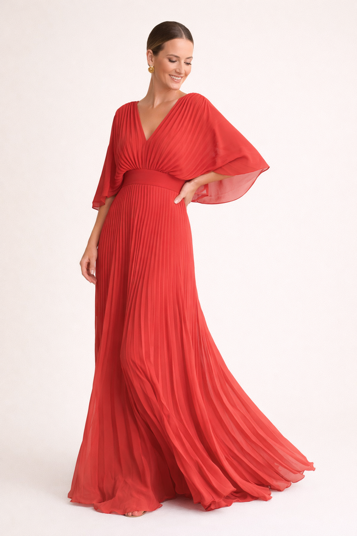 Women's Wedding Guest Pleated Maxi Dress with V Neck and Flared Sleeves