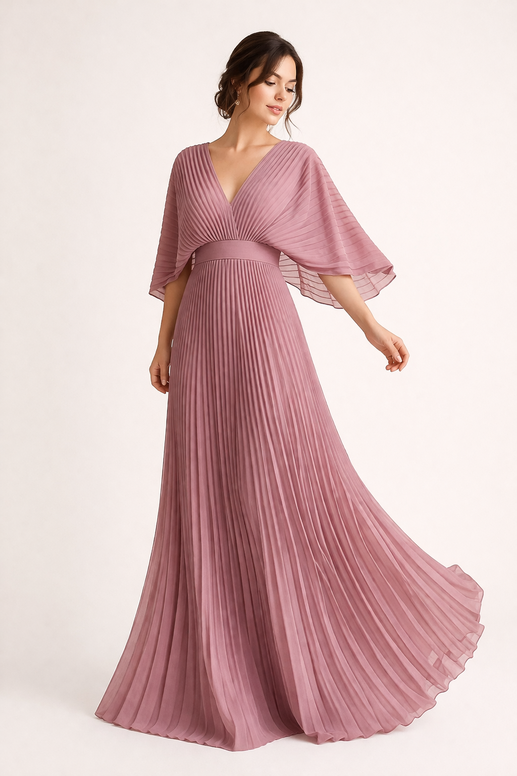 Women's Wedding Guest Pleated Maxi Dress with V Neck and Flared Sleeves