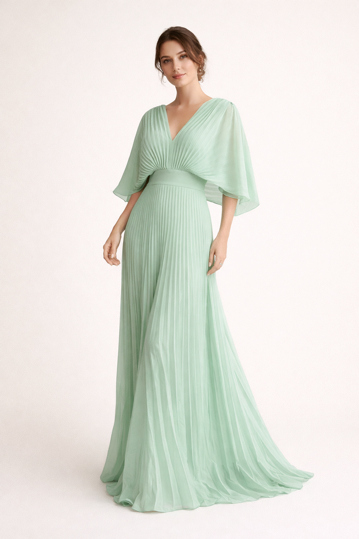 Women's Wedding Guest Pleated Maxi Dress with V Neck and Flared Sleeves