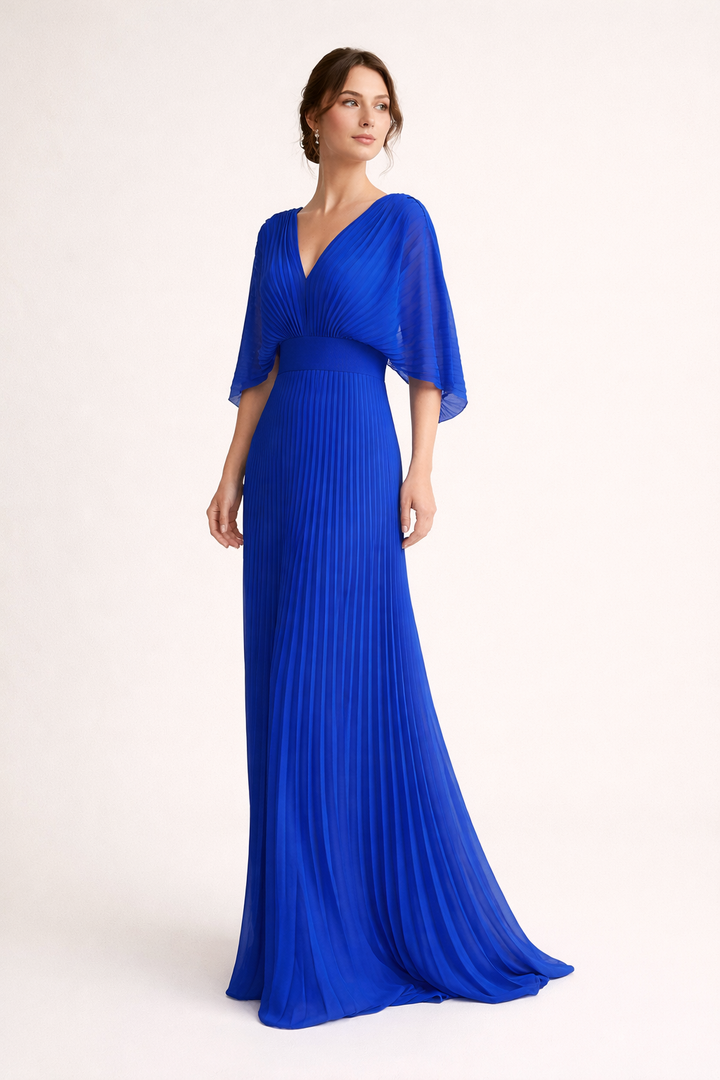 Women's Wedding Guest Pleated Maxi Dress with V Neck and Flared Sleeves