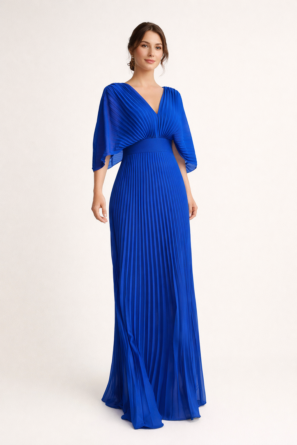 Women's Wedding Guest Pleated Maxi Dress with V Neck and Flared Sleeves