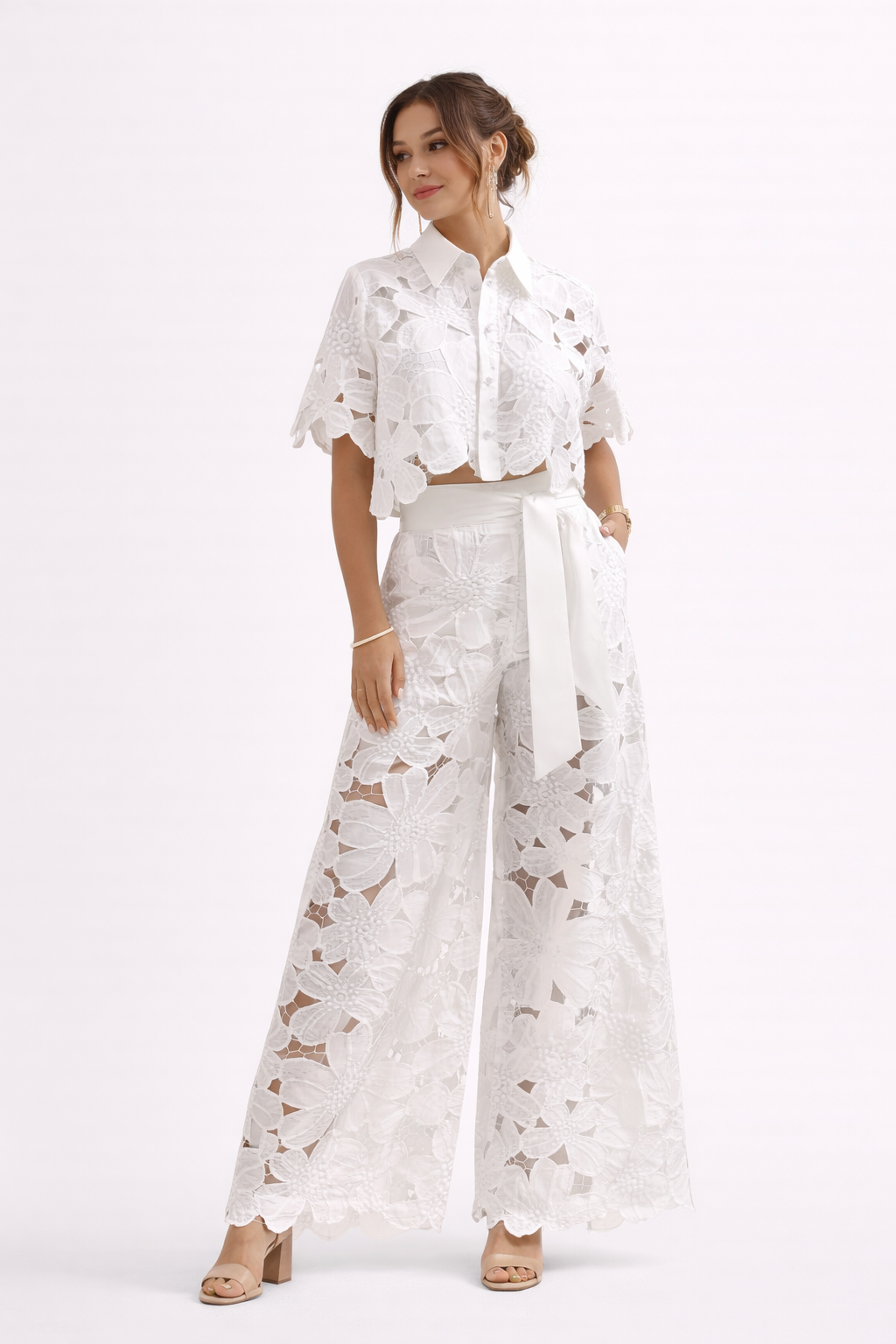 Women's Two Piece Co-Ord Set with Floral Lace Shirt and Wide Leg Trousers