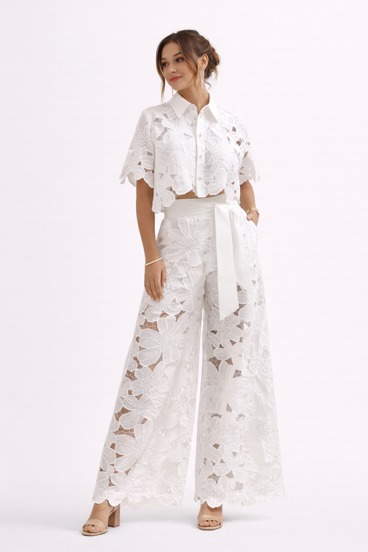 Women's Two Piece Co-Ord Set with Floral Lace Shirt and Wide Leg Trousers