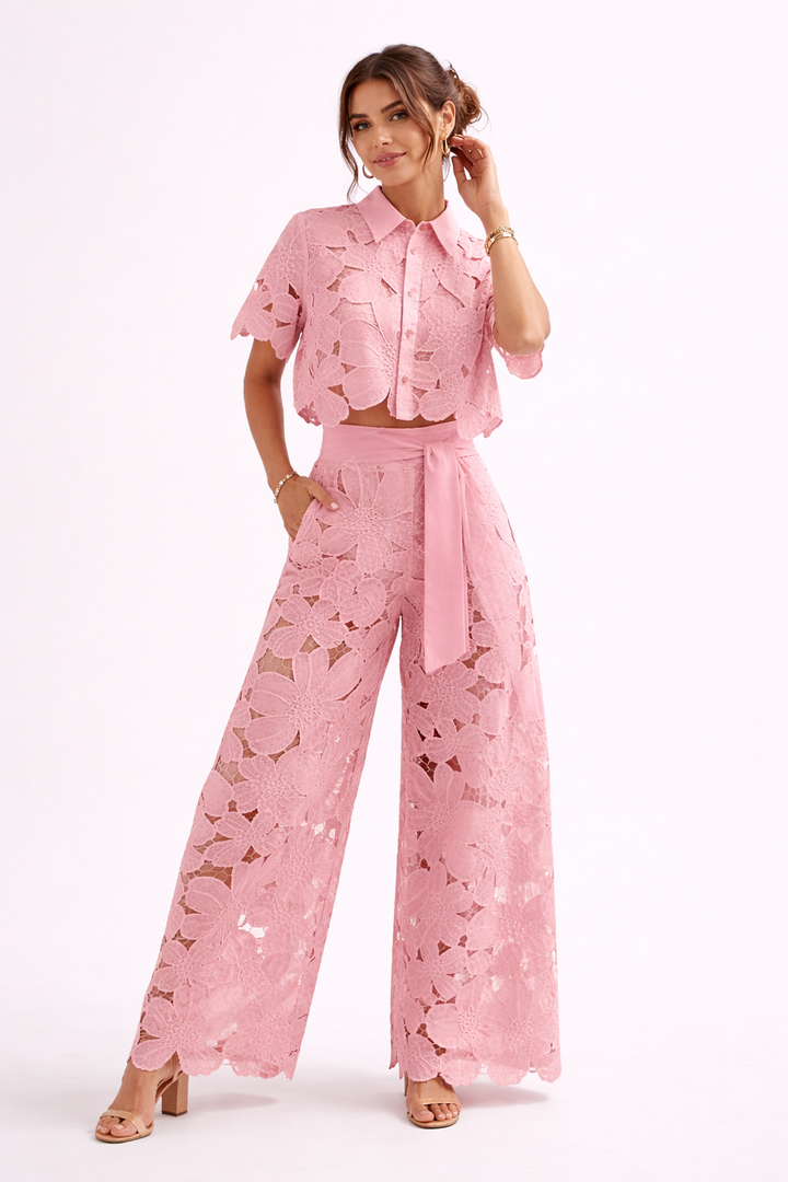 Women's Two Piece Co-Ord Set with Floral Lace Shirt and Wide Leg Trousers