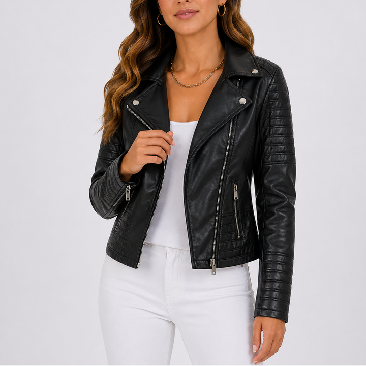 Women's Faux Leather Biker Jacket with Zip Front and Quilted Detail