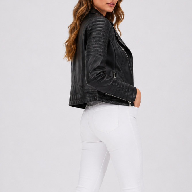 Women's Faux Leather Biker Jacket with Zip Front and Quilted Detail