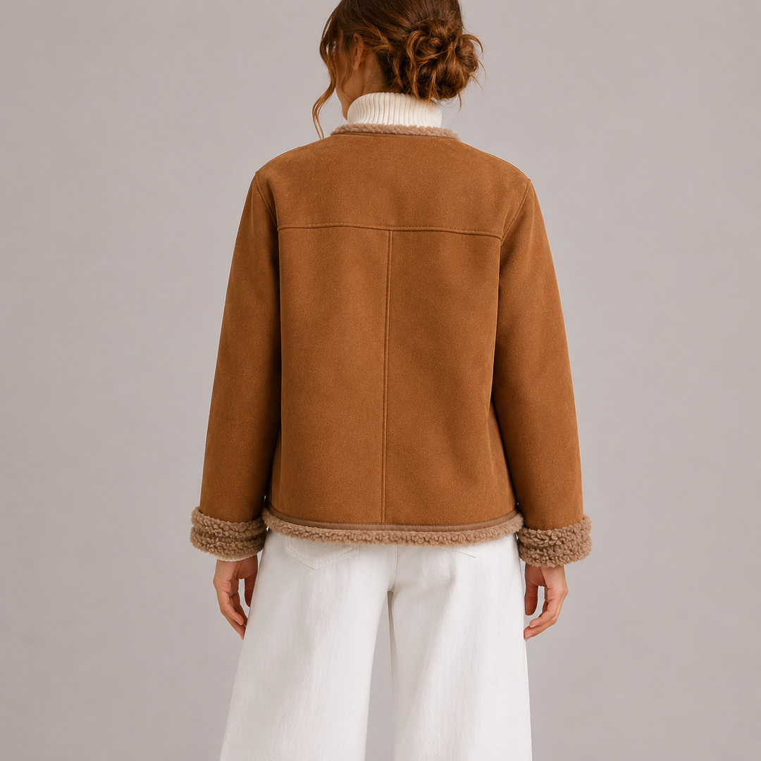 Women's Suede Jacket with Round Neck and Contrast Trim Detail