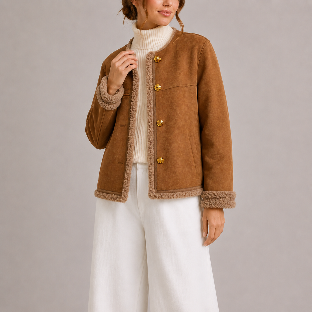 Women's Suede Jacket with Round Neck and Contrast Trim Detail