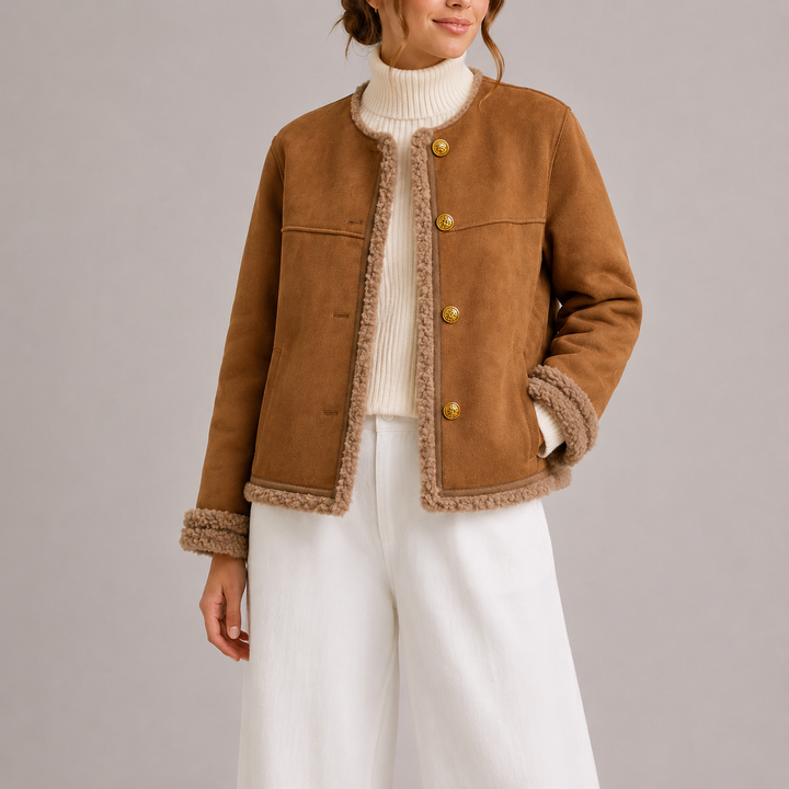 Women's Suede Jacket with Round Neck and Contrast Trim Detail