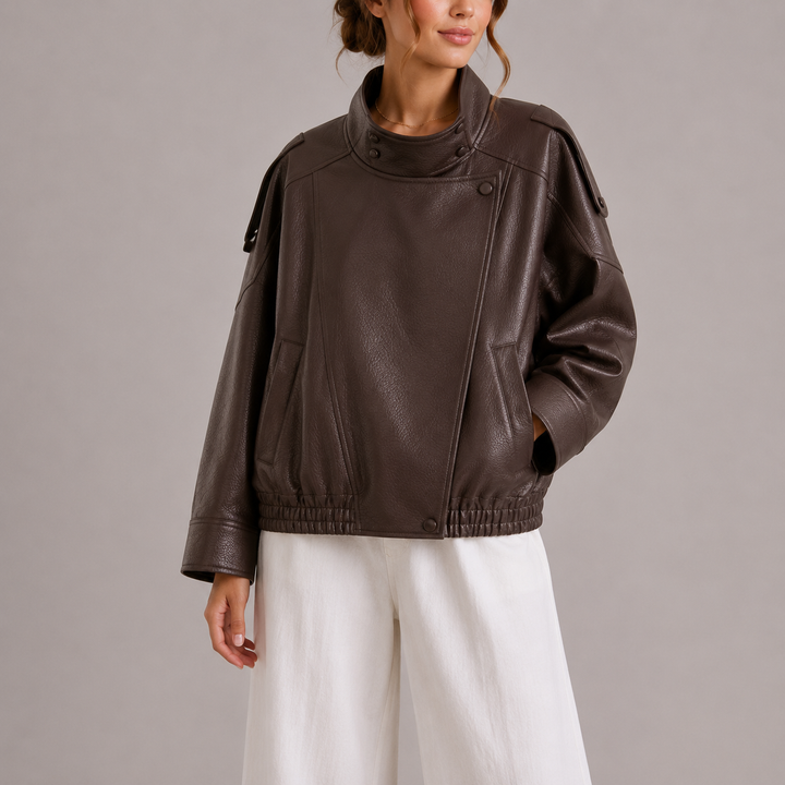 Women's Faux Leather Jacket with Round Neck and Relaxed Fit