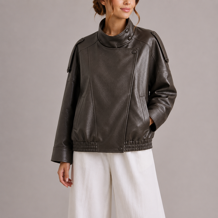 Women's Faux Leather Jacket with Round Neck and Relaxed Fit