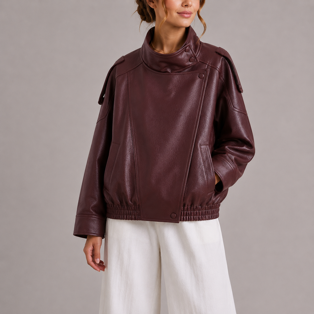 Women's Faux Leather Jacket with Round Neck and Relaxed Fit