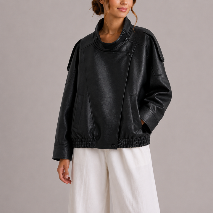 Women's Faux Leather Jacket with Round Neck and Relaxed Fit