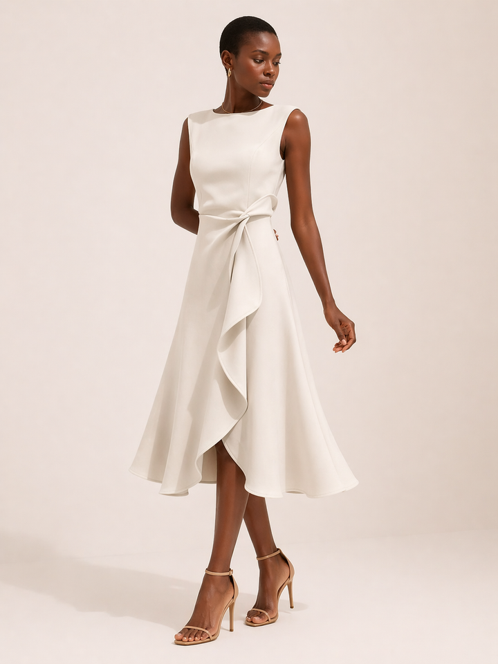 Women's Wedding Guest Midi Dress with Boat Neck and Asymmetrical Hem