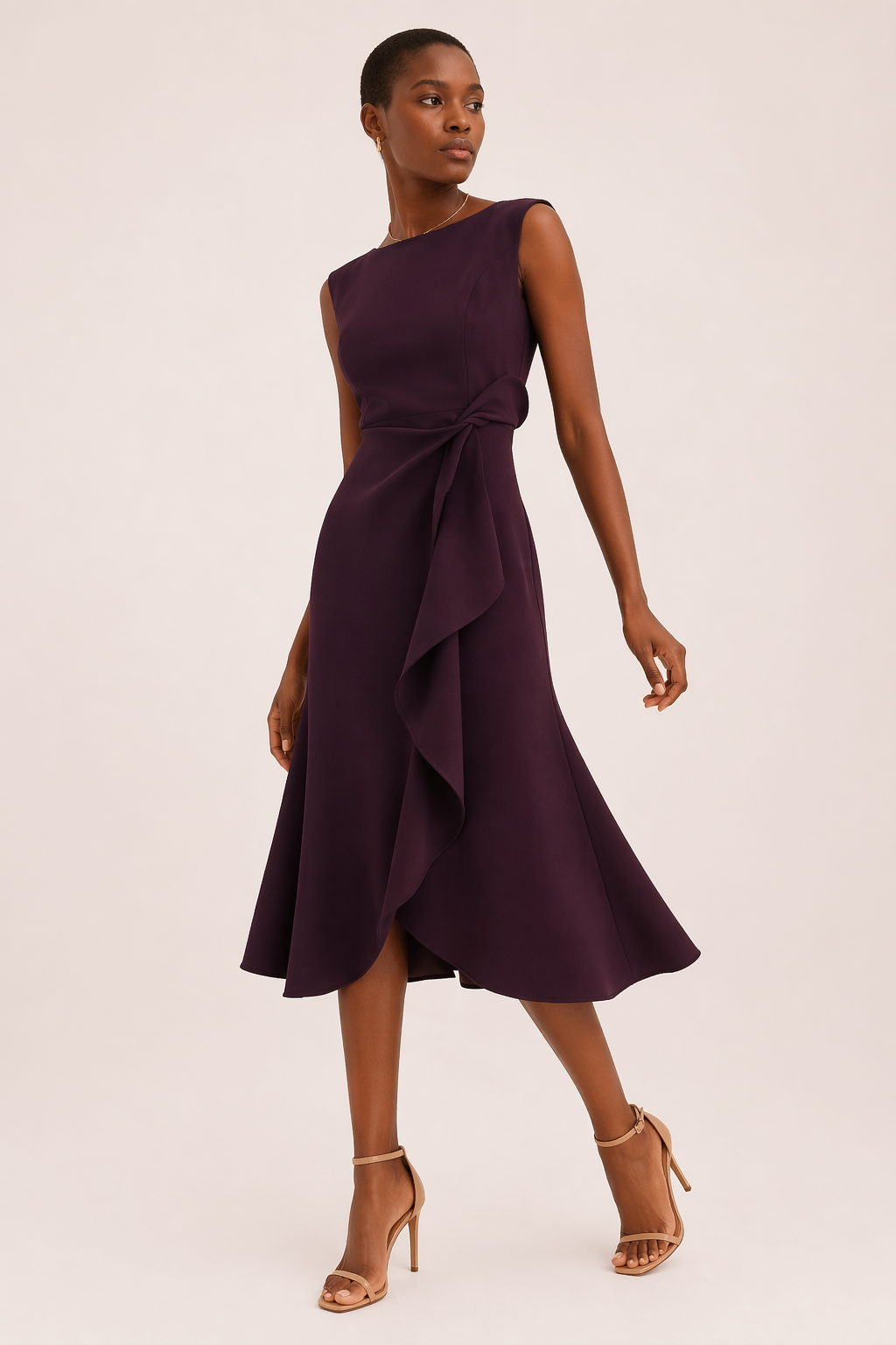 Women's Wedding Guest Midi Dress with Boat Neck and Asymmetrical Hem