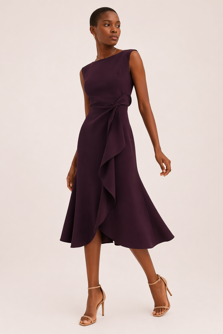 Women's Wedding Guest Midi Dress with Boat Neck and Asymmetrical Hem