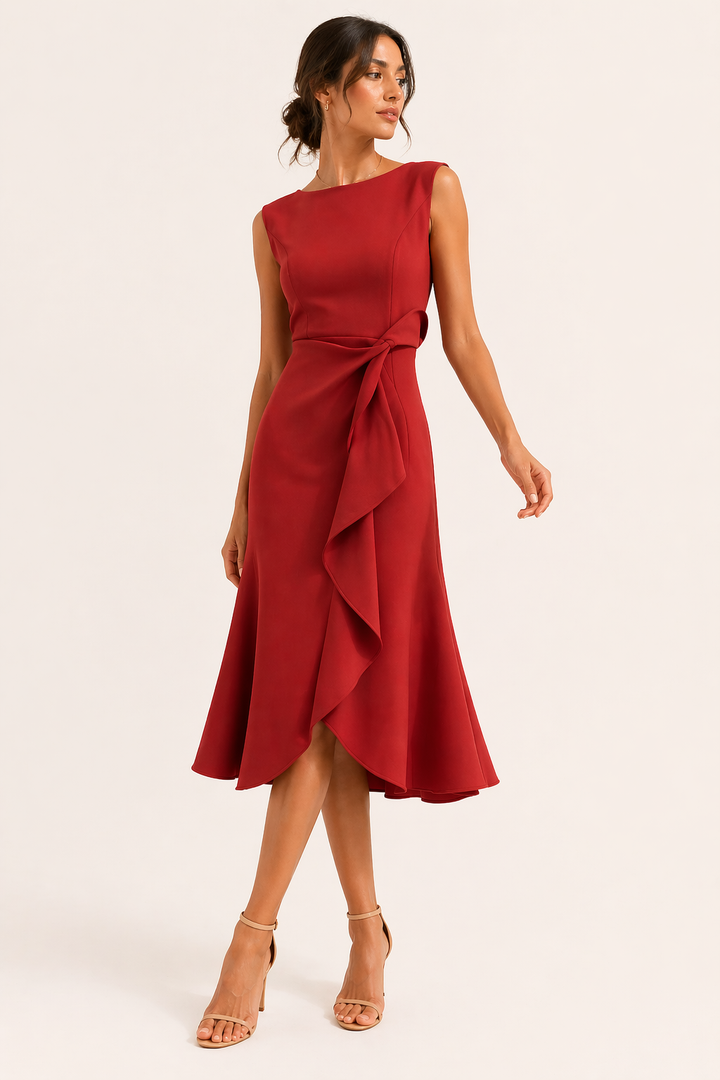 Women's Wedding Guest Midi Dress with Boat Neck and Asymmetrical Hem