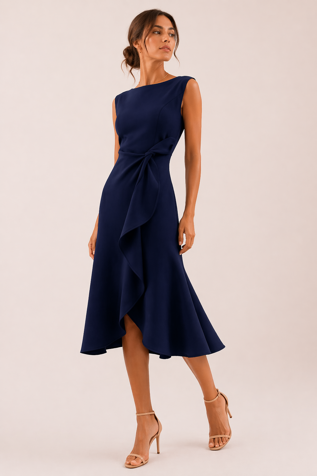 Women's Wedding Guest Midi Dress with Boat Neck and Asymmetrical Hem