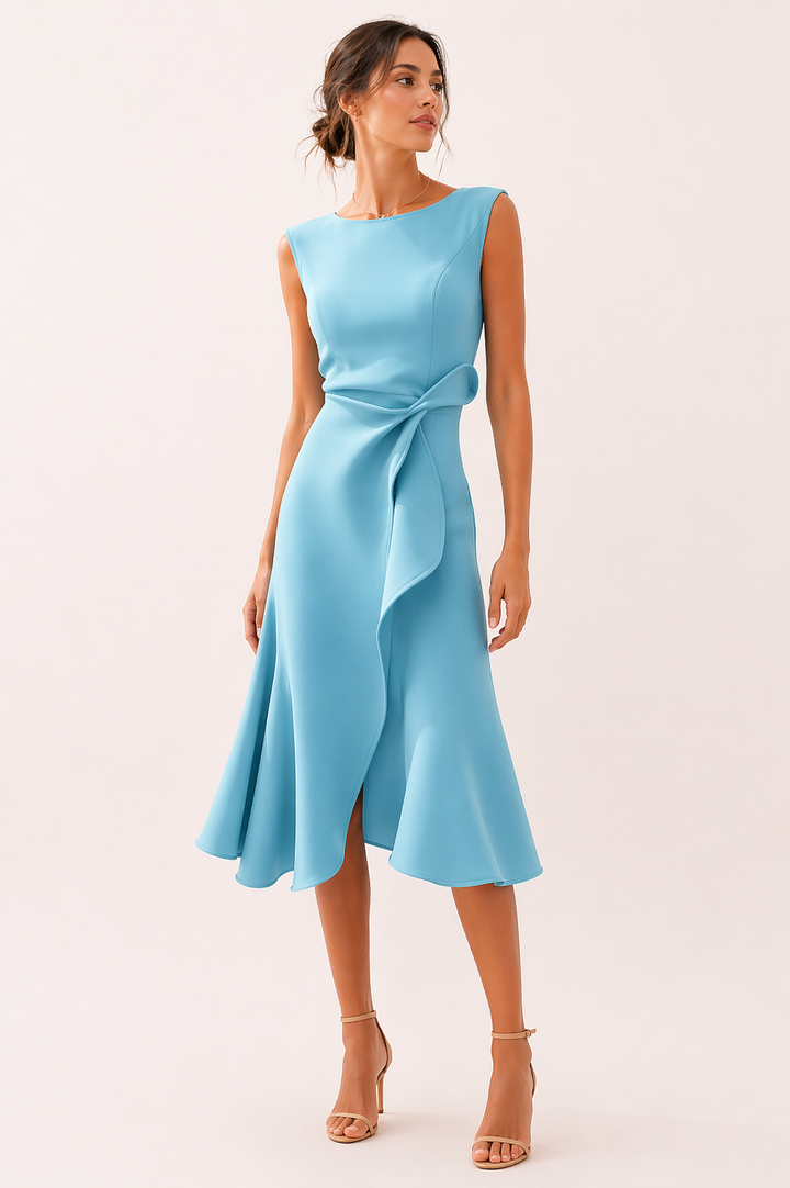 Women's Wedding Guest Midi Dress with Boat Neck and Asymmetrical Hem