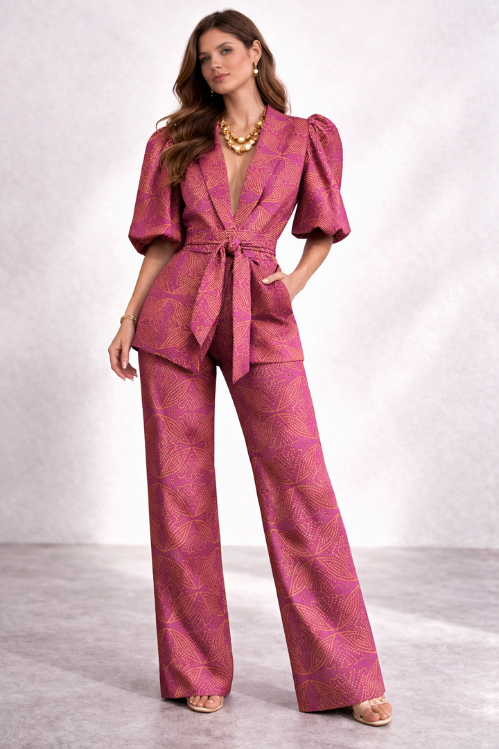 Women's Two Piece Co-Ord Set with Puff Sleeve Top and Wide Leg Trousers
